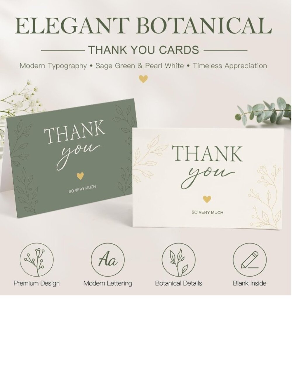 Sage Green & Pearl White Thank You Cards with Envelopes & Stickers